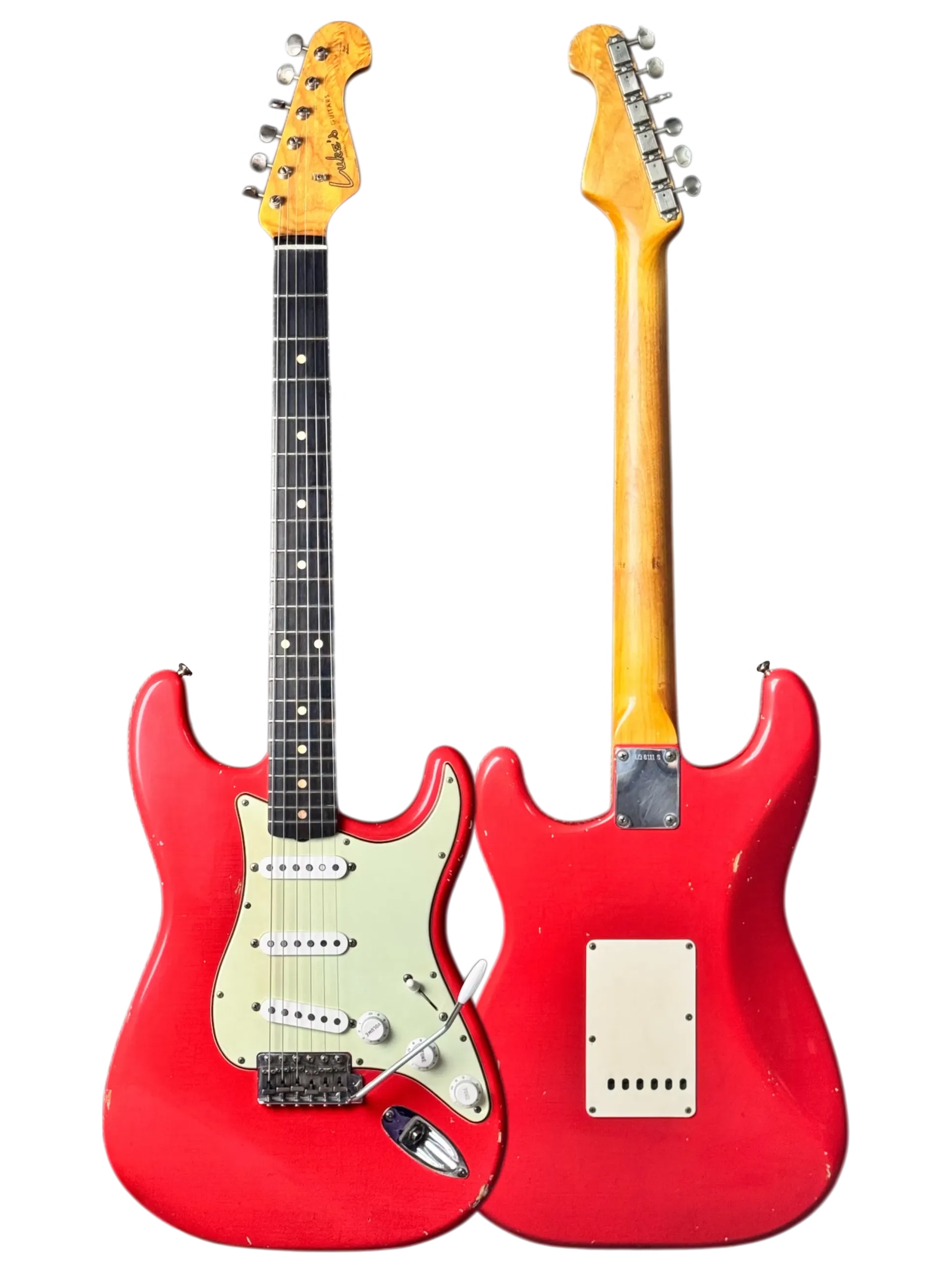 Red relic S-style guitar shown from the front and back