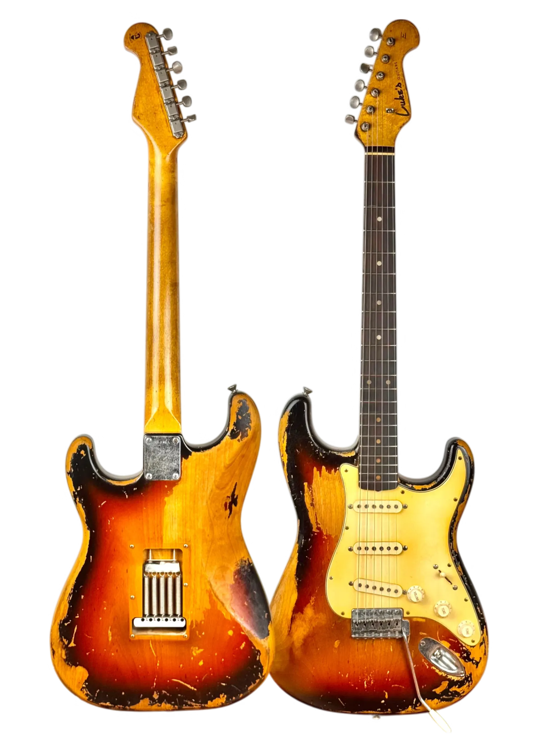 Front and back views of a hand-aged sunburst S-style guitar